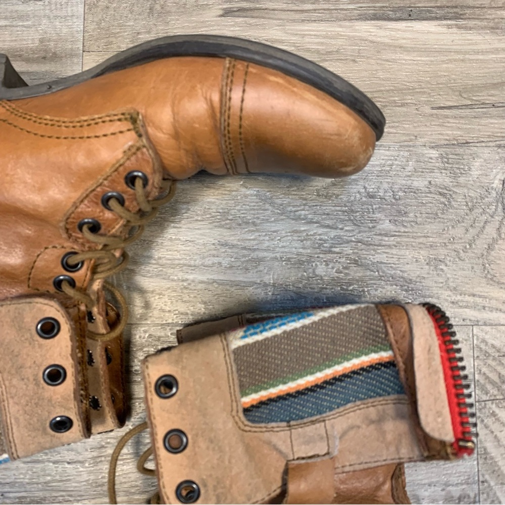 Steve Madden Camarro Mexico Western Fold Over Aztec Lace Up Combat Boots Tan - Picture 2 of 14
